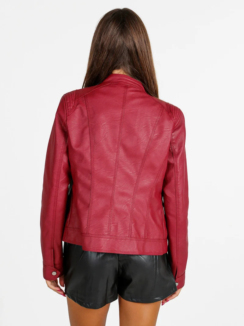 Giacca donna in ecopelle con zip - rosso