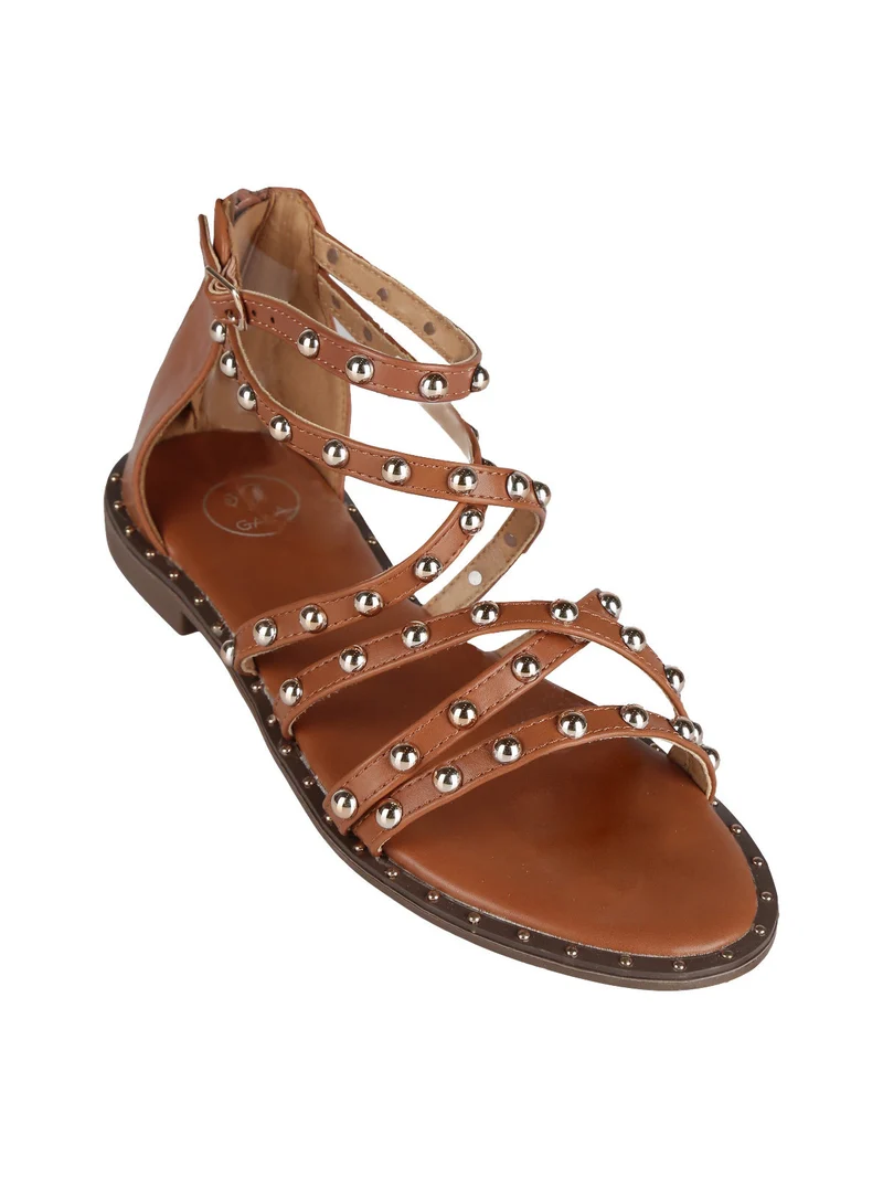 Sandali donna con borchie - cammello