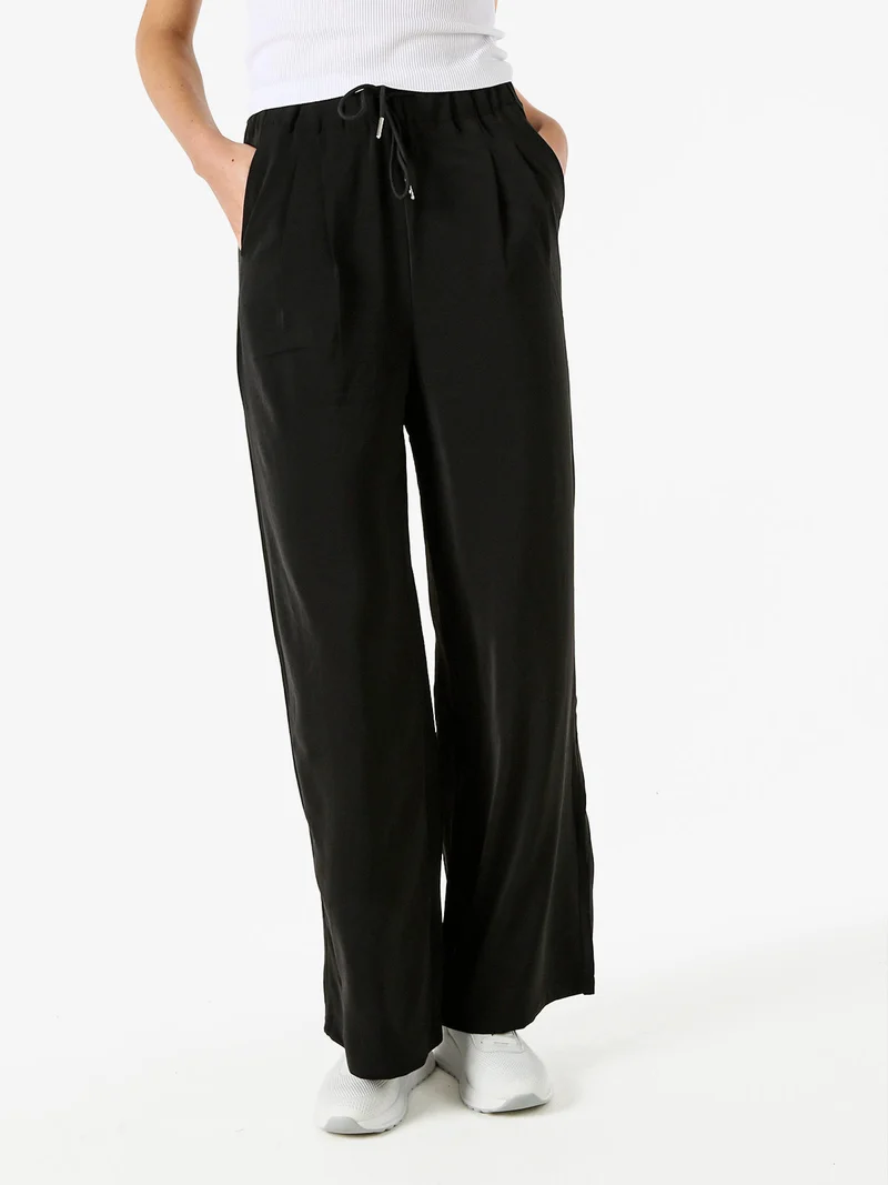 Pantaloni donna leggeri a gamba larga con coulisse - nero