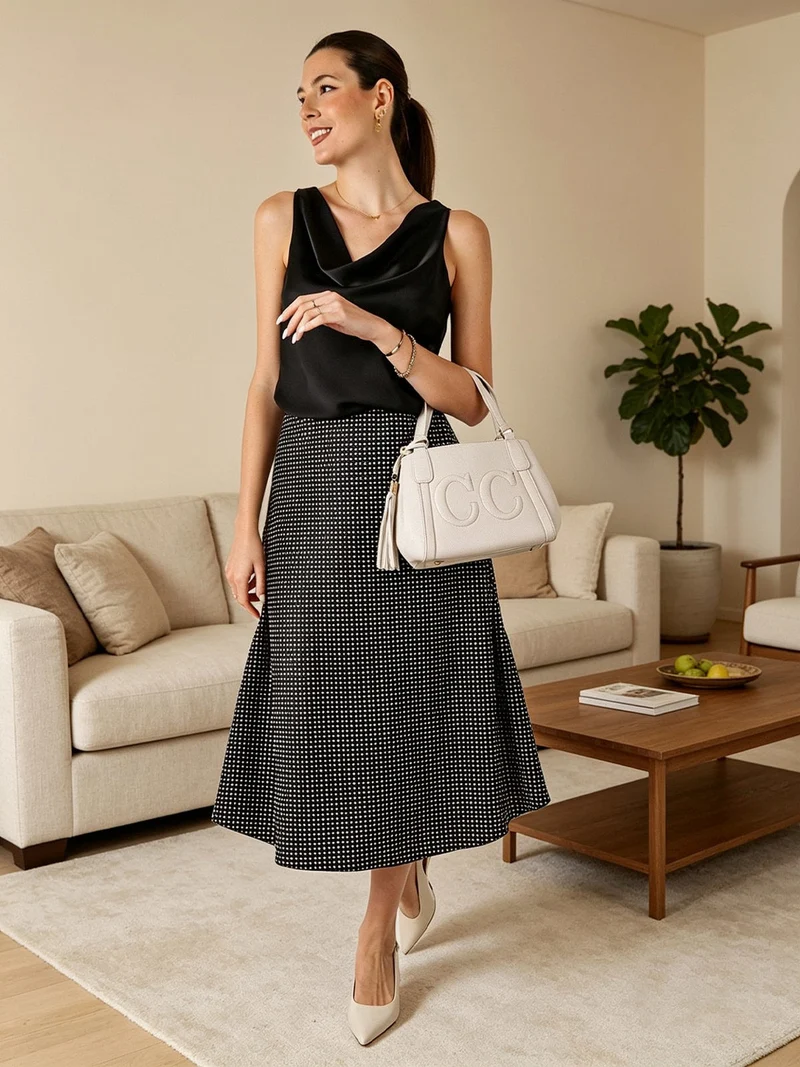 Top donna smanicato con scollo a cascata in tessuto effetto raso - nero