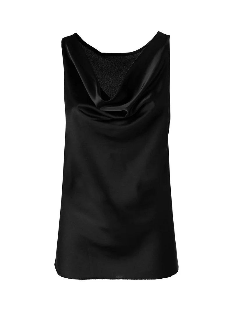 Top donna smanicato con scollo a cascata in tessuto effetto raso - nero