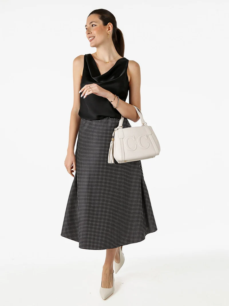 Top donna smanicato con scollo a cascata in tessuto effetto raso - nero