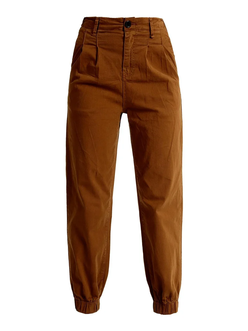 Pantaloni in cotone a vita alta con polsino - marrone
