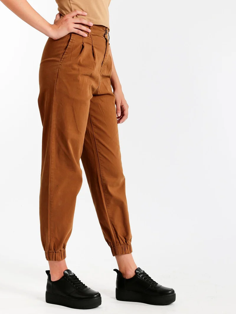 Pantaloni in cotone a vita alta con polsino - marrone