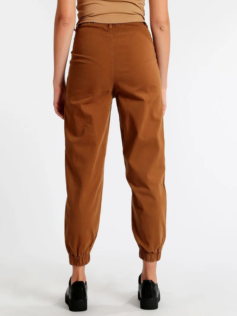 Pantaloni in cotone a vita alta con polsino - marrone