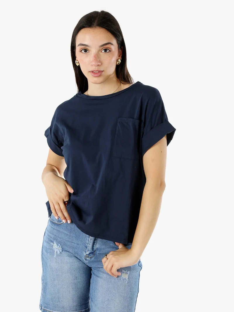 T-shirt donna oversize in cotone con taschino - blu scuro