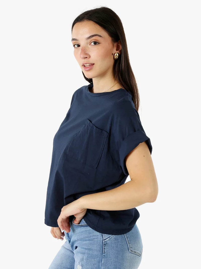 T-shirt donna oversize in cotone con taschino - blu scuro