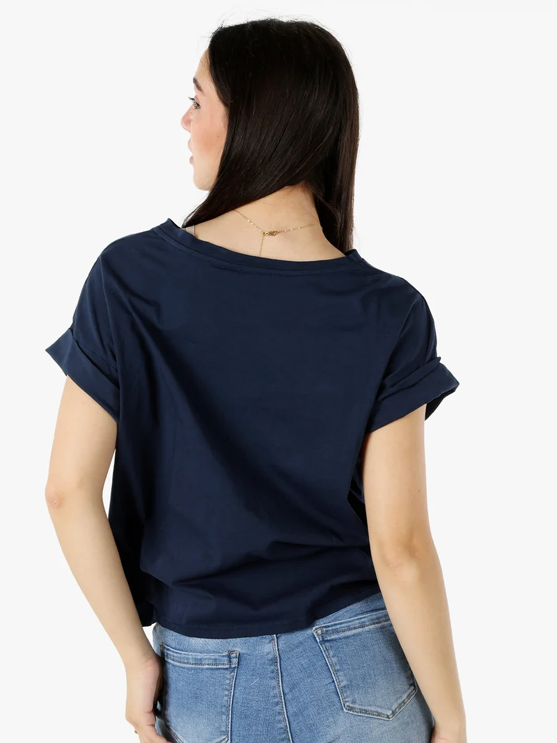 T-shirt donna oversize in cotone con taschino - blu scuro