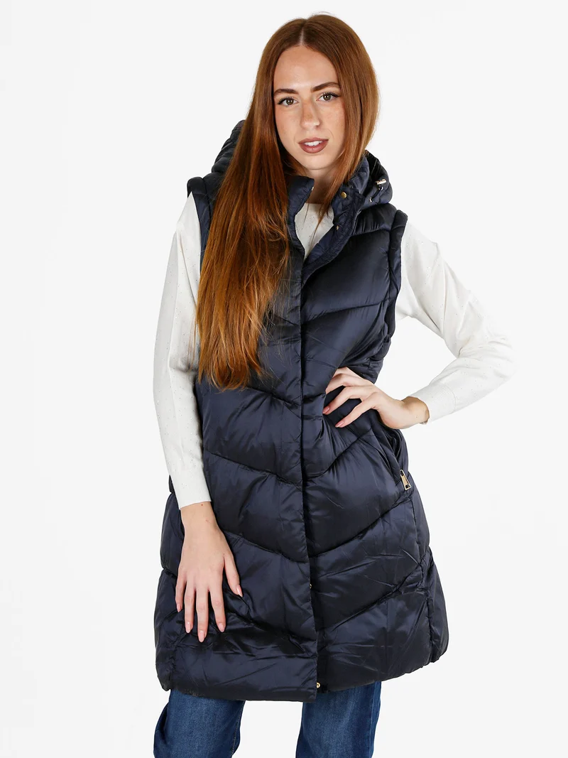 Giubbotto lungo da donna imbottito con cappuccio e maniche removibili - blu scuro