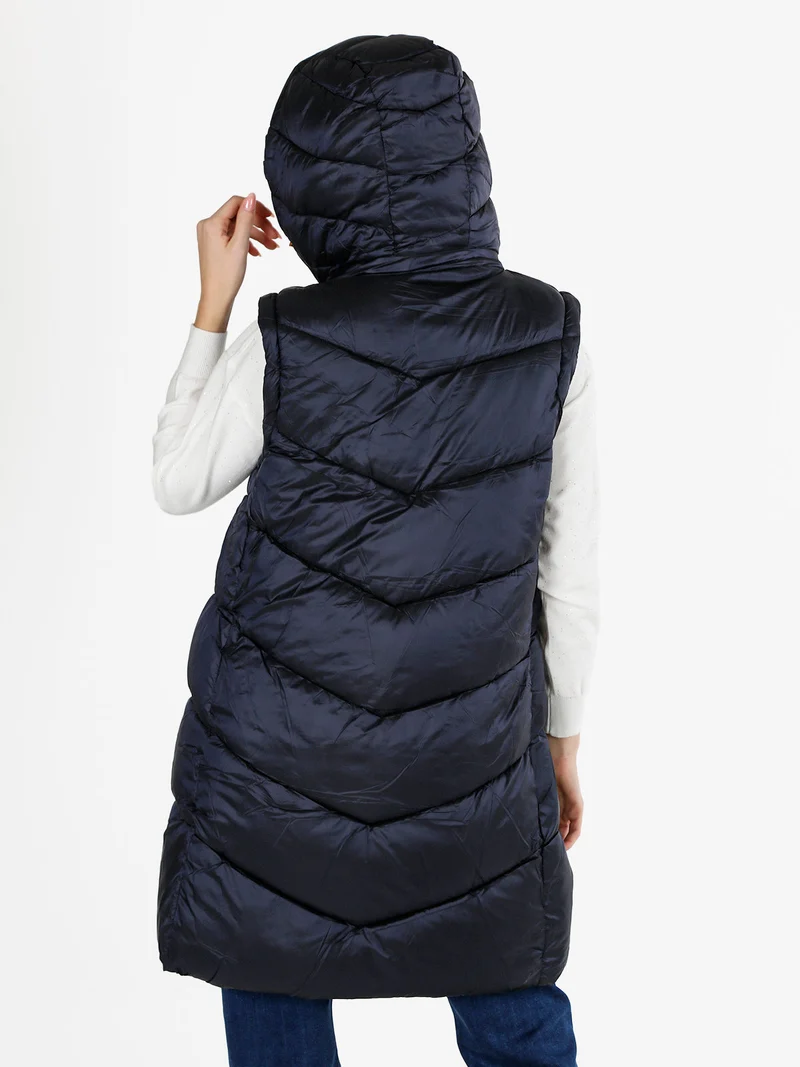 Giubbotto lungo da donna imbottito con cappuccio e maniche removibili - blu scuro
