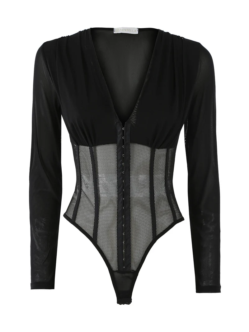 Top body donna elegante a maniche lunghe con inserti a rete - nero