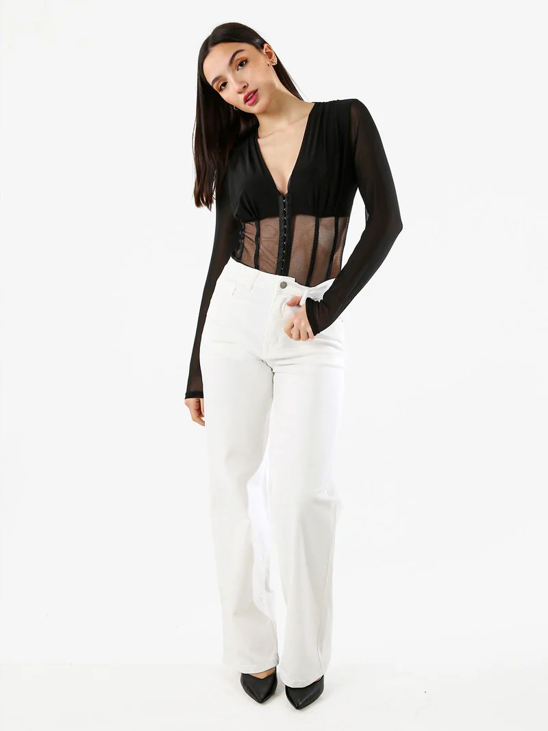 Top body donna elegante a maniche lunghe con inserti a rete - nero