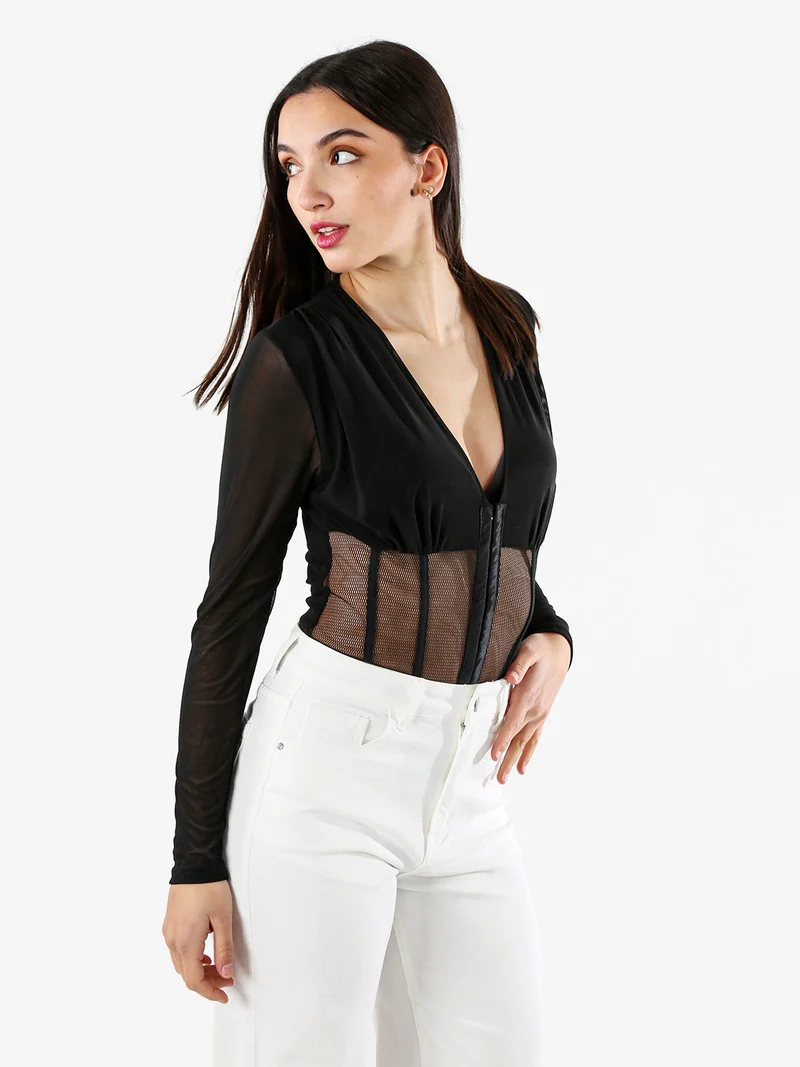 Top body donna elegante a maniche lunghe con inserti a rete - nero