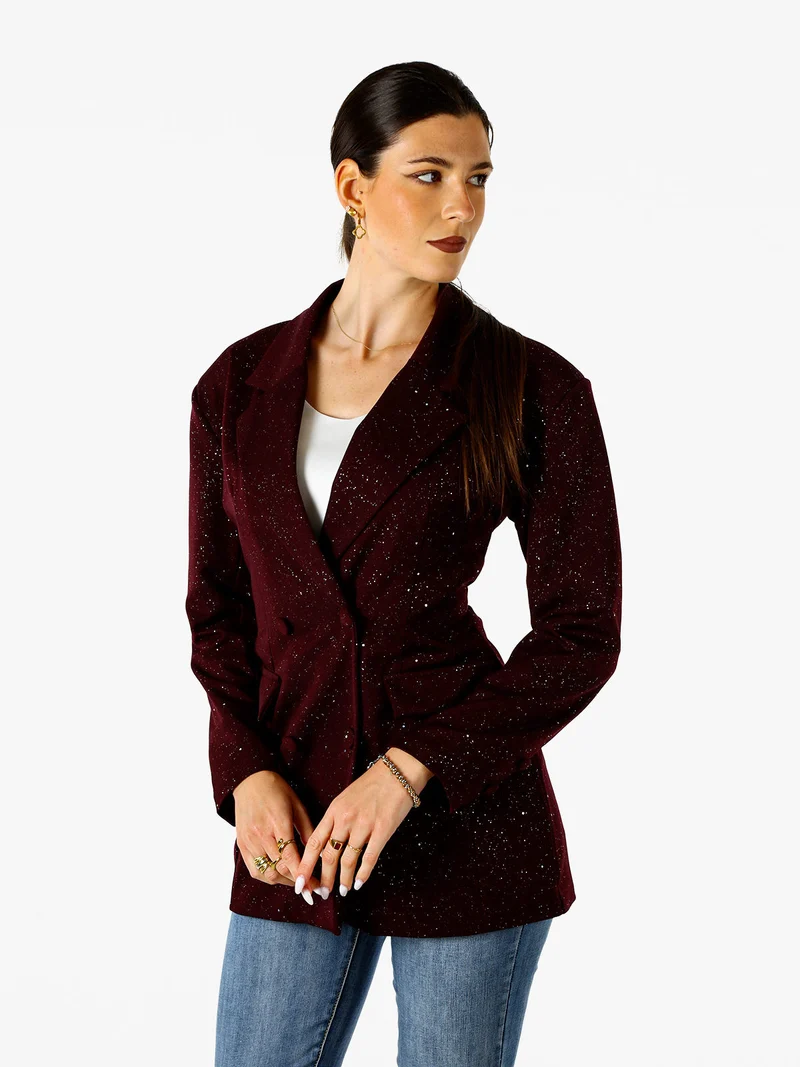 Blazer donna elegante con brillantini e chiusura a doppiopetto - bordeaux