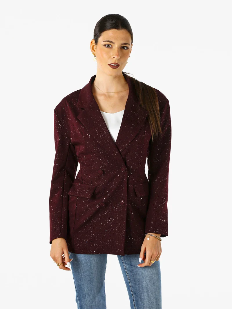 Blazer donna elegante con brillantini e chiusura a doppiopetto - bordeaux
