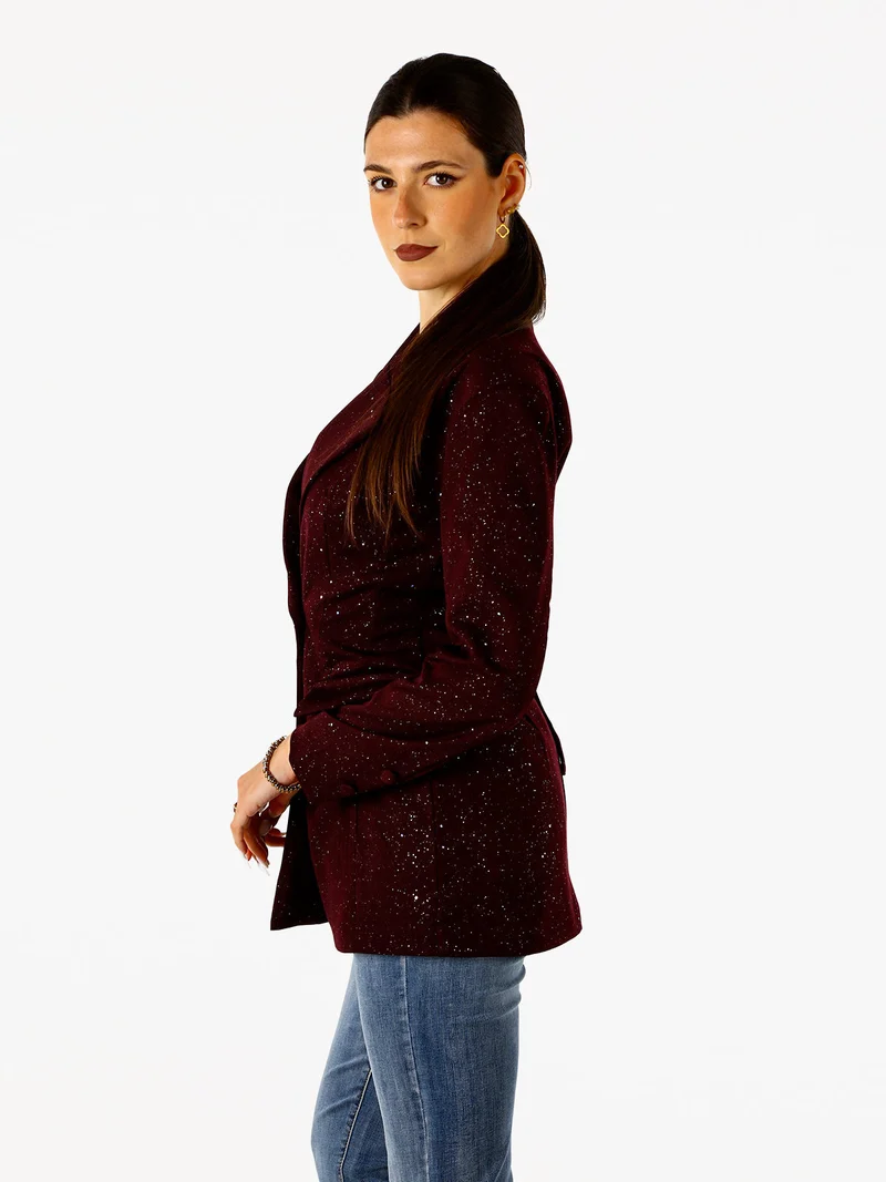 Blazer donna elegante con brillantini e chiusura a doppiopetto - bordeaux