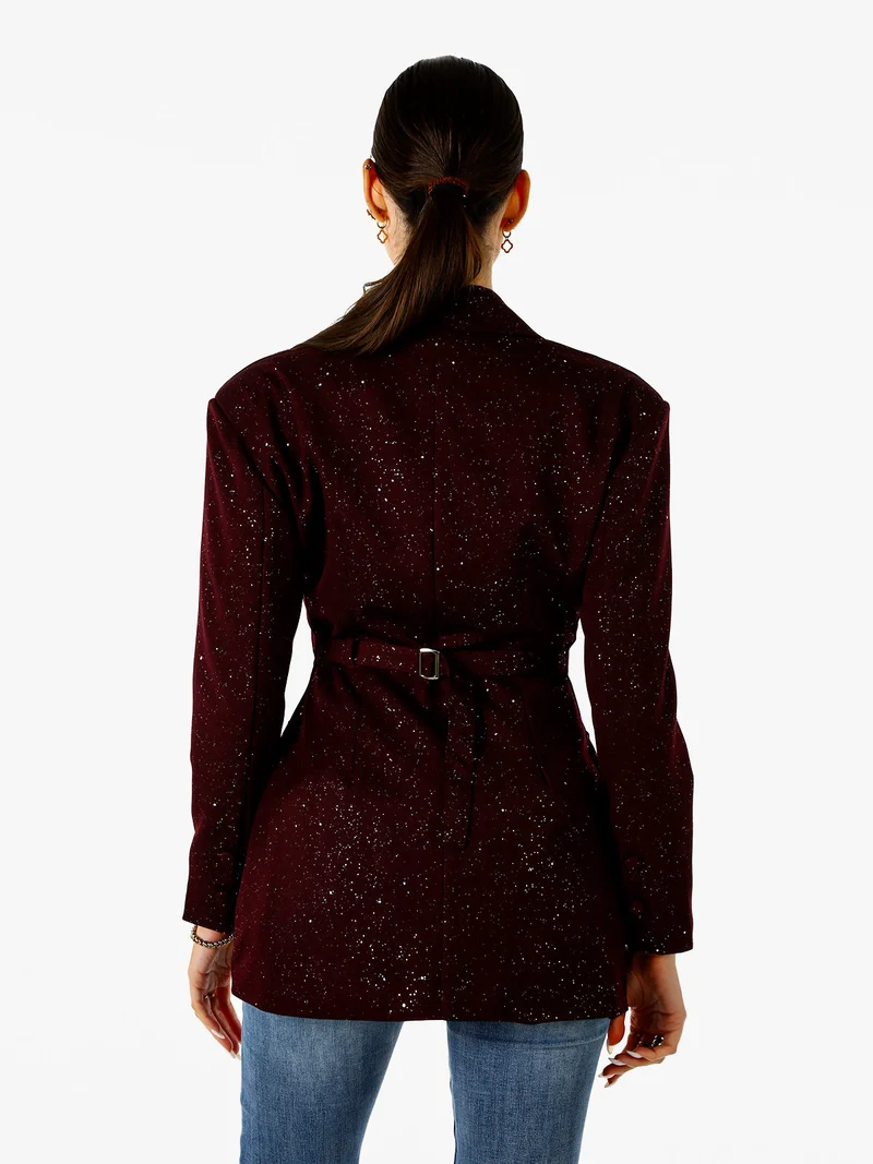 Blazer donna elegante con brillantini e chiusura a doppiopetto - bordeaux