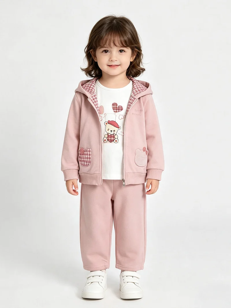 Completo 3 pezzi da neonata con cappuccio e zip - rosa