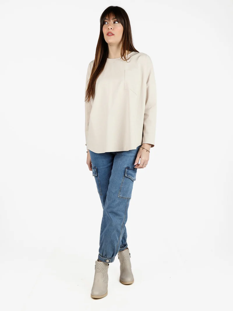 Maxi t-shirt donna oversize con taschino - beige