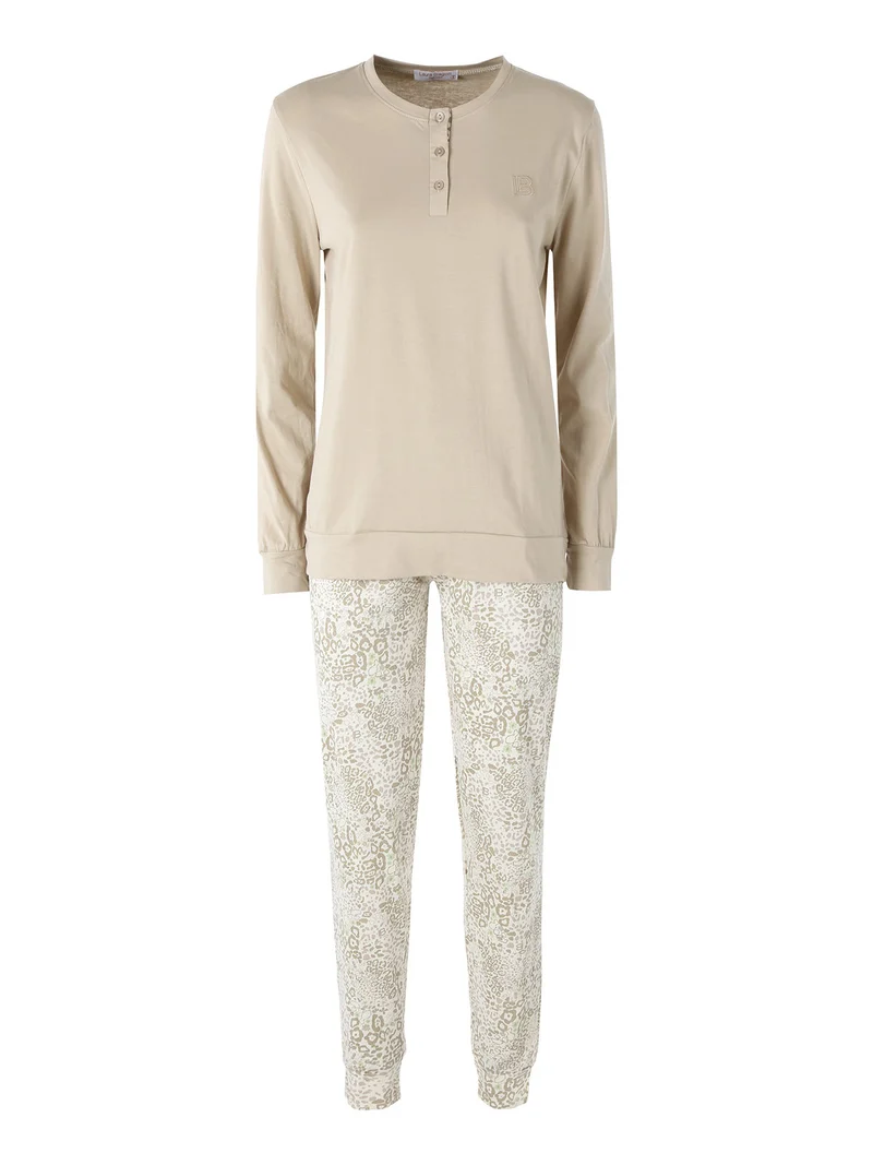 Pigiama lungo da donna in cotone naturale con pantaloni a stampe - sabbia