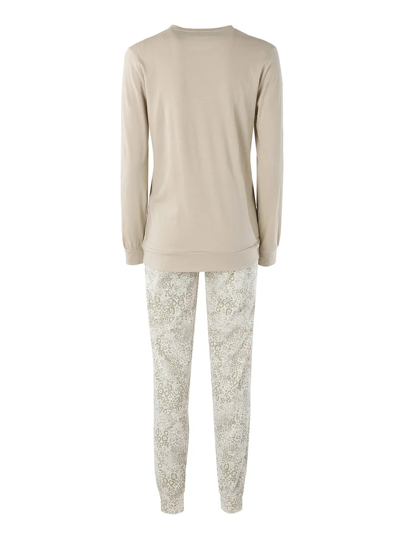 Pigiama lungo da donna in cotone naturale con pantaloni a stampe - sabbia