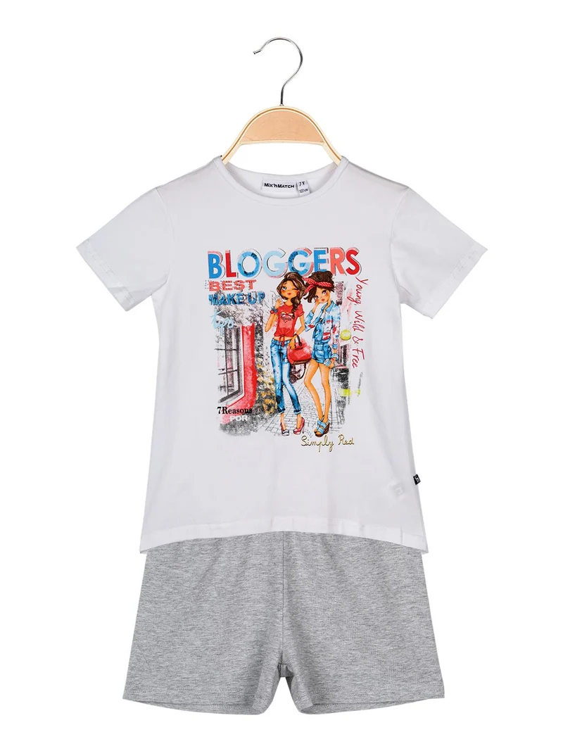T-shirt con stampa disegni e strass + shorts completo in cotone estivo - bianco