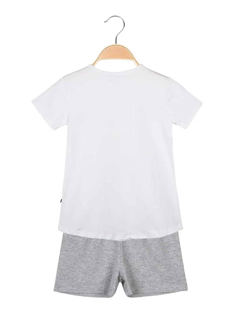 T-shirt con stampa disegni e strass + shorts completo in cotone estivo - bianco