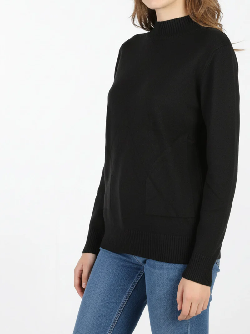 Pullover donna accollato in maglia tinta unita - nero