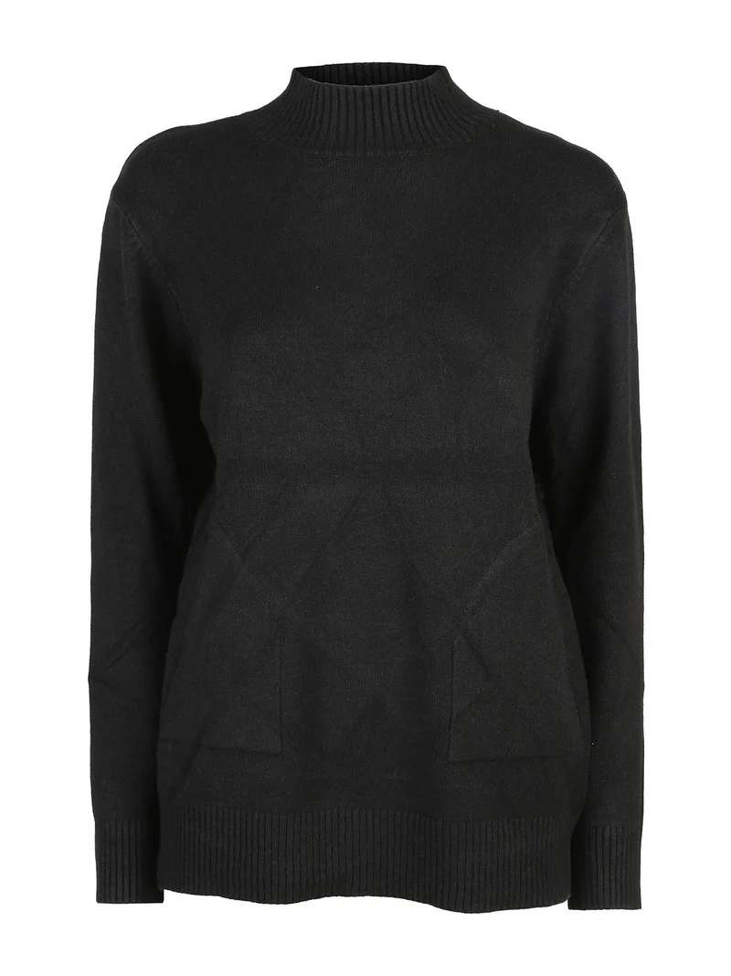 Pullover donna accollato in maglia tinta unita - nero