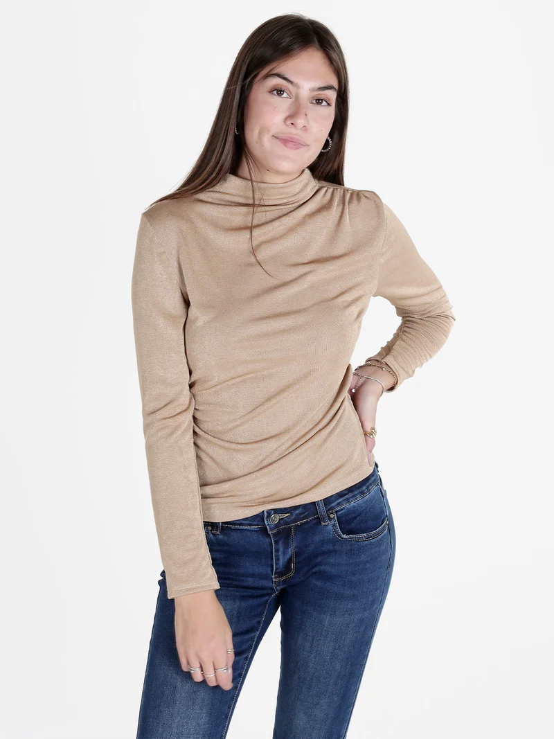 Maglia donna accollata a maniche lunghe - cammello