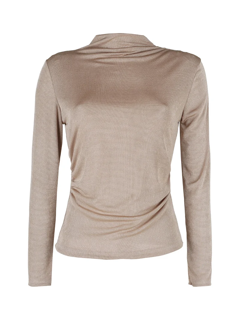 Maglia donna accollata a maniche lunghe - cammello