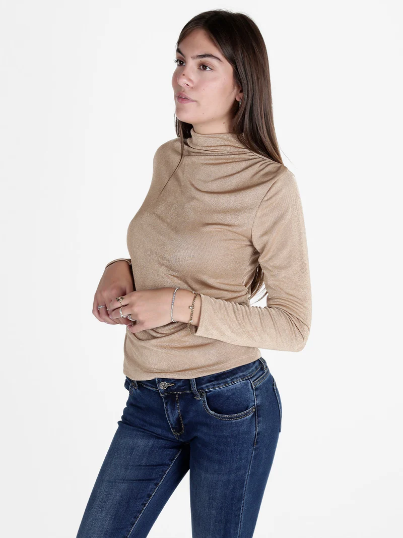 Maglia donna accollata a maniche lunghe - cammello