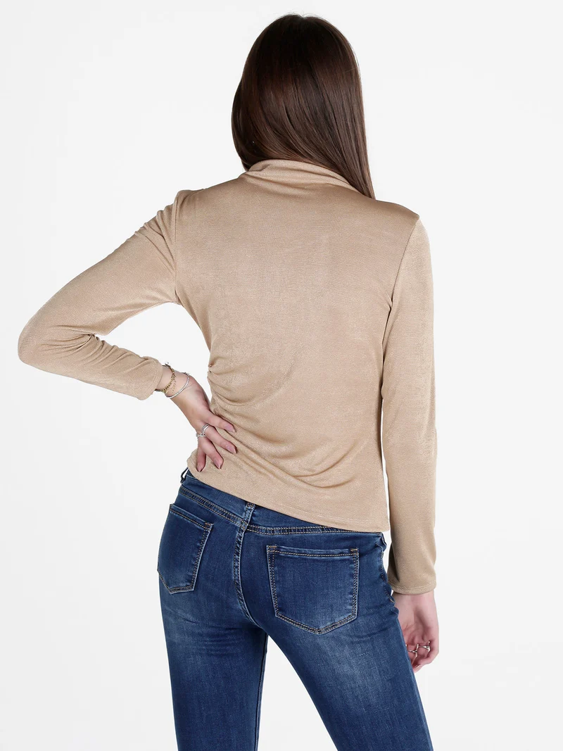 Maglia donna accollata a maniche lunghe - cammello