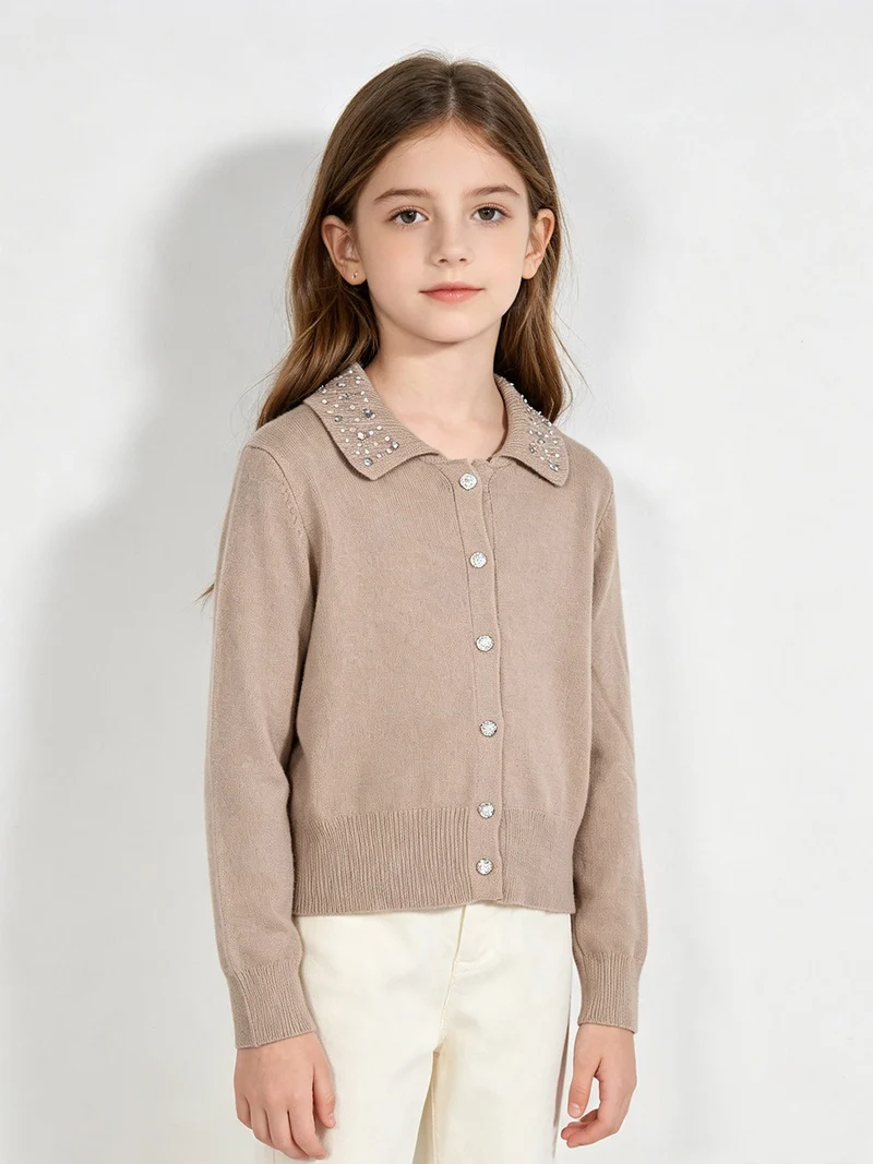 Cardigan da bambina in maglia con bottoni gioiello - cammello