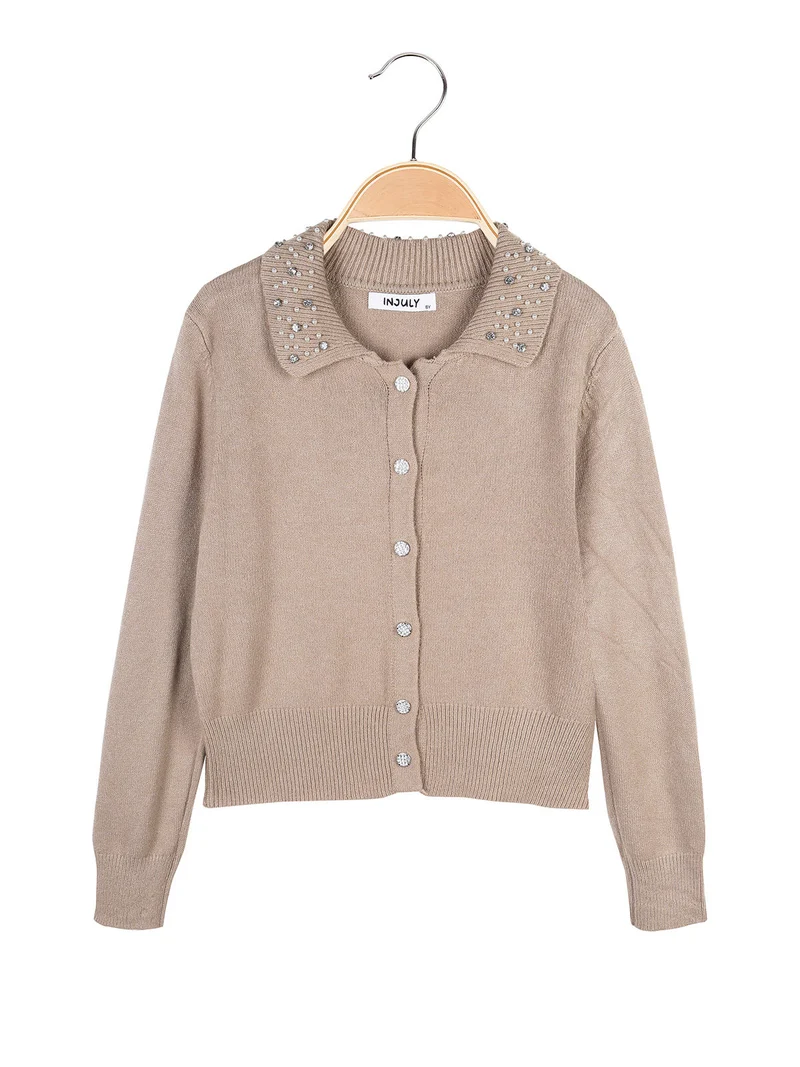 Cardigan da bambina in maglia con bottoni gioiello - cammello