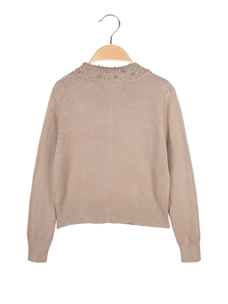 Cardigan da bambina in maglia con bottoni gioiello - cammello