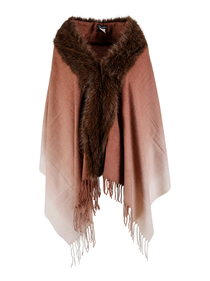 Mantella donna con scollo in ecopelliccia e frange - marrone