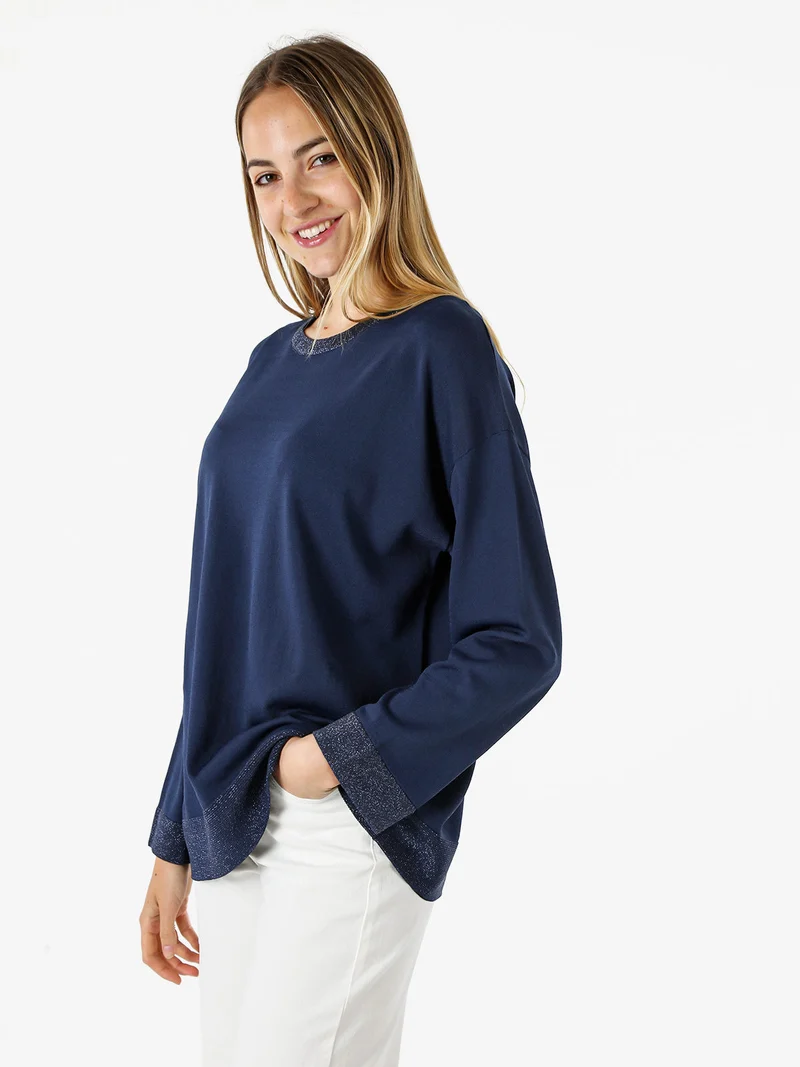 Maglia girocollo da donna con dettagli lurex - blu scuro