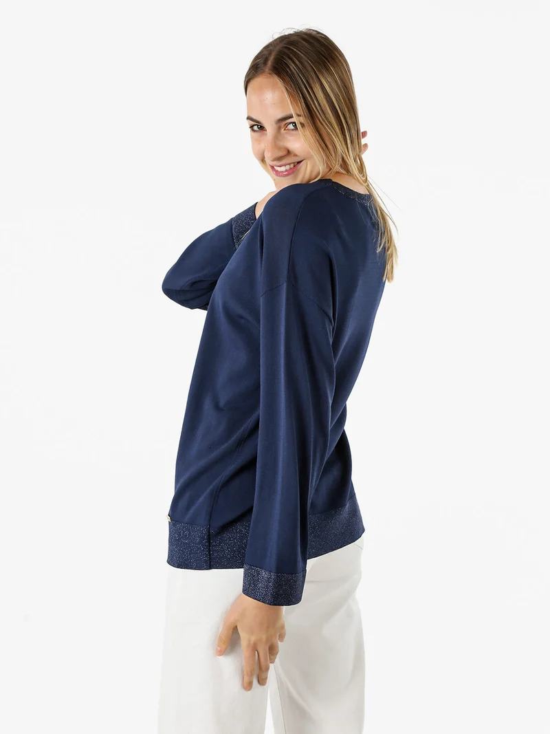 Maglia girocollo da donna con dettagli lurex - blu scuro