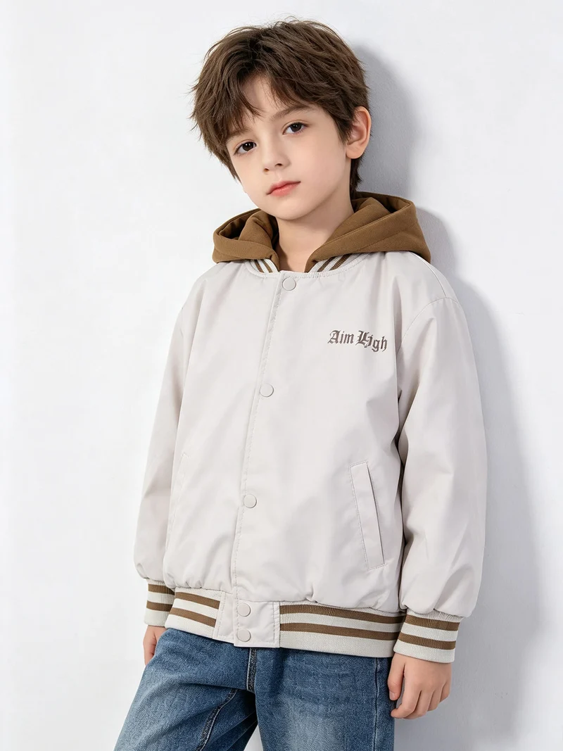 Giubbino da bambino con cappuccio removibile e bottoni - beige