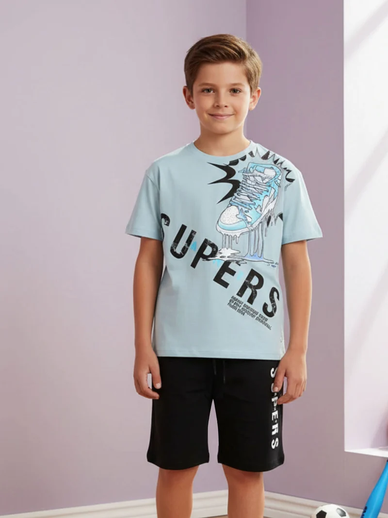Completo corto da bambino in cotone con t-shirt e bermuda - azzurro
