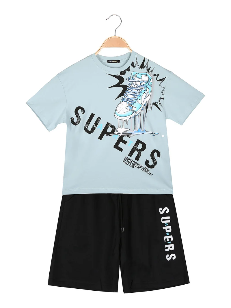 Completo corto da bambino in cotone con t-shirt e bermuda - azzurro
