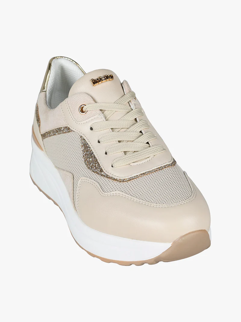 Sneakers donna in mesh e tessuto scamosciato con platform - beige