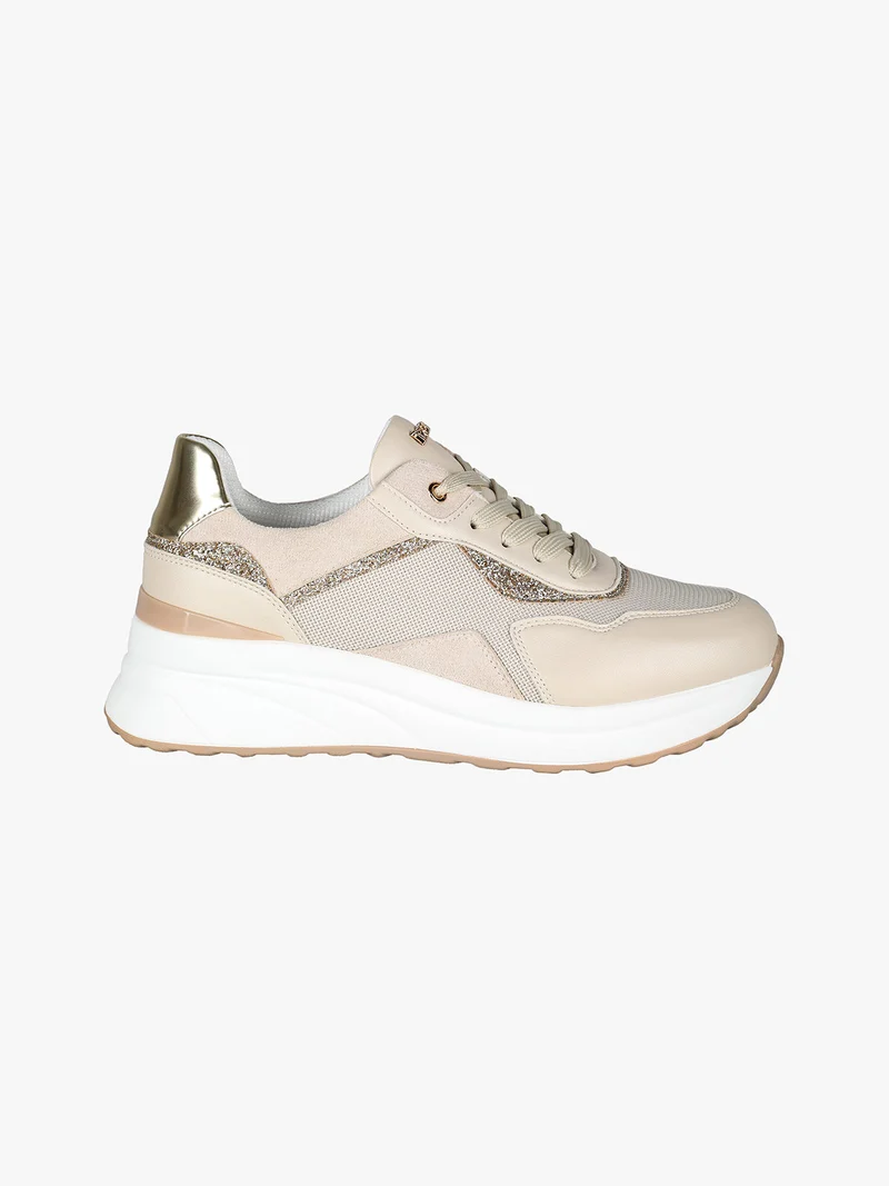 Sneakers donna in mesh e tessuto scamosciato con platform - beige