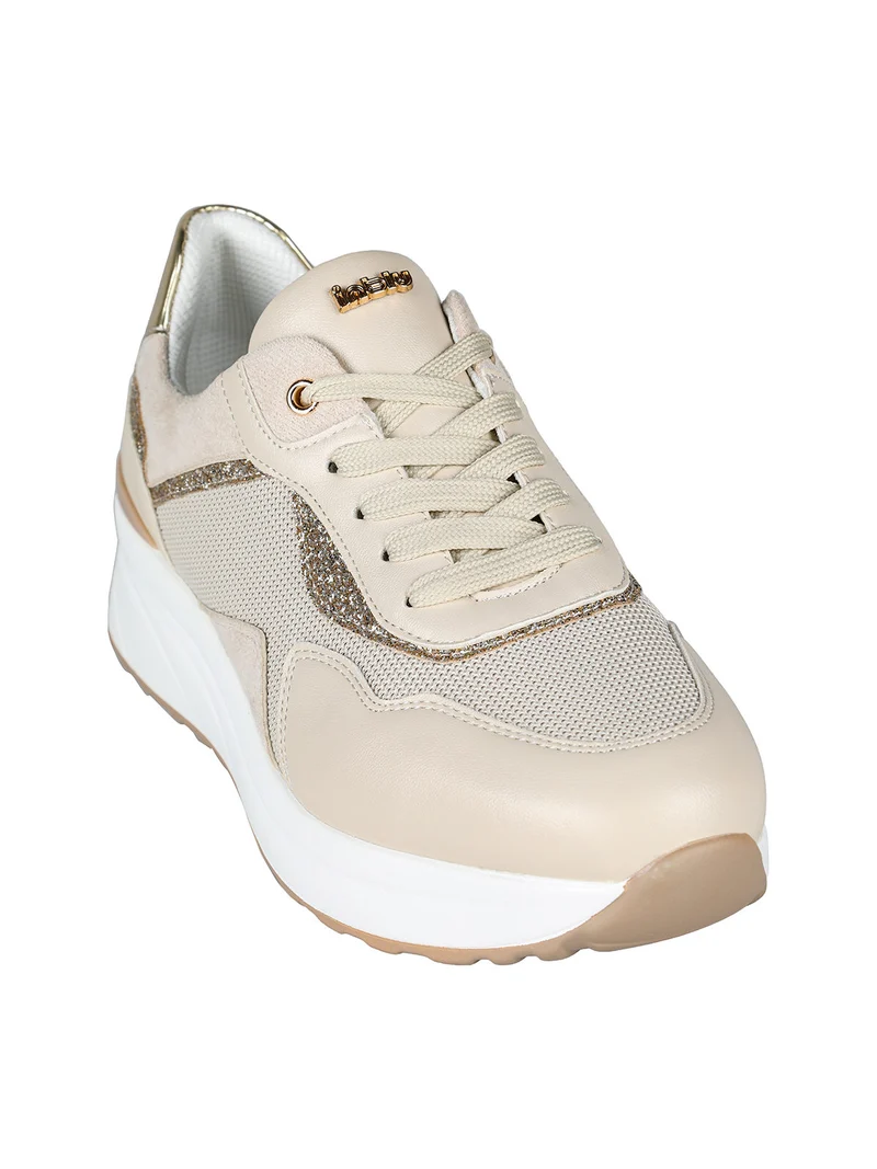 Sneakers donna in mesh e tessuto scamosciato con platform - beige