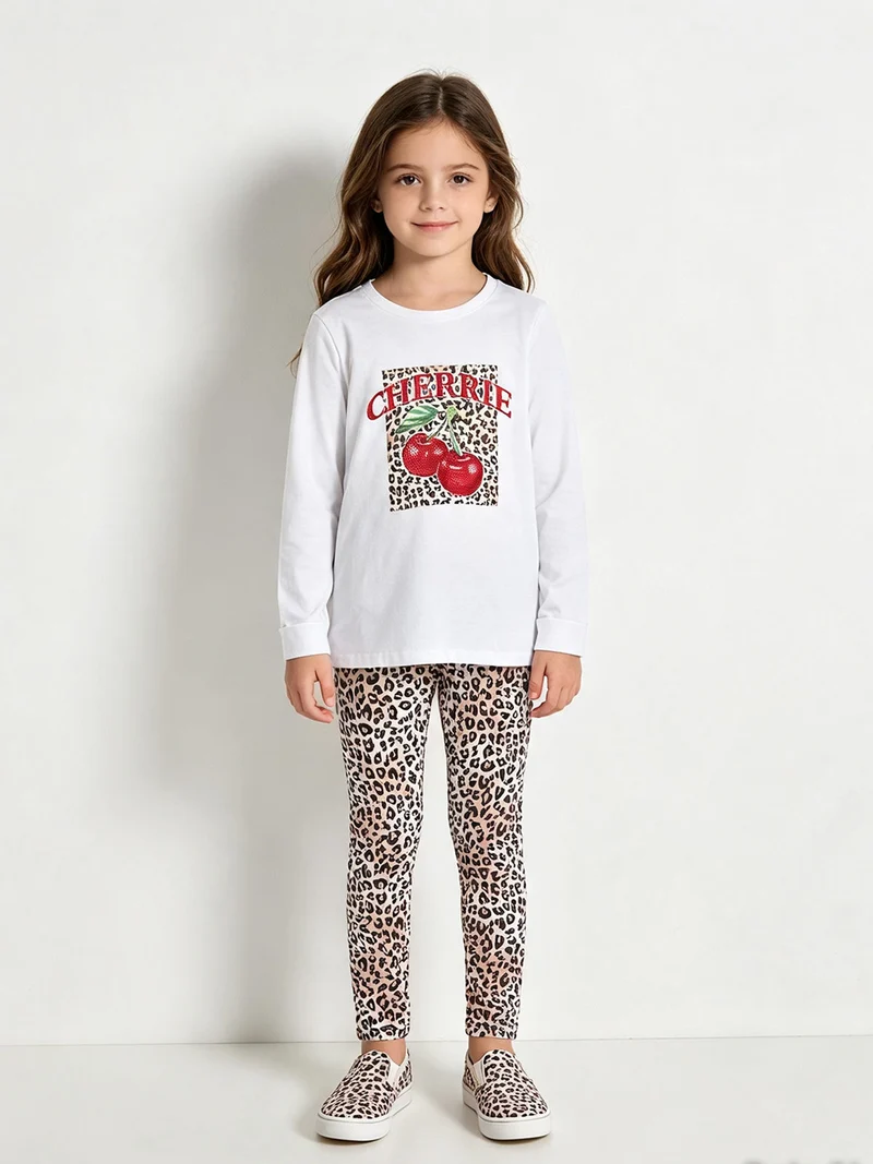 Completo 2 pezzi da bambina con leggings maculati - bianco