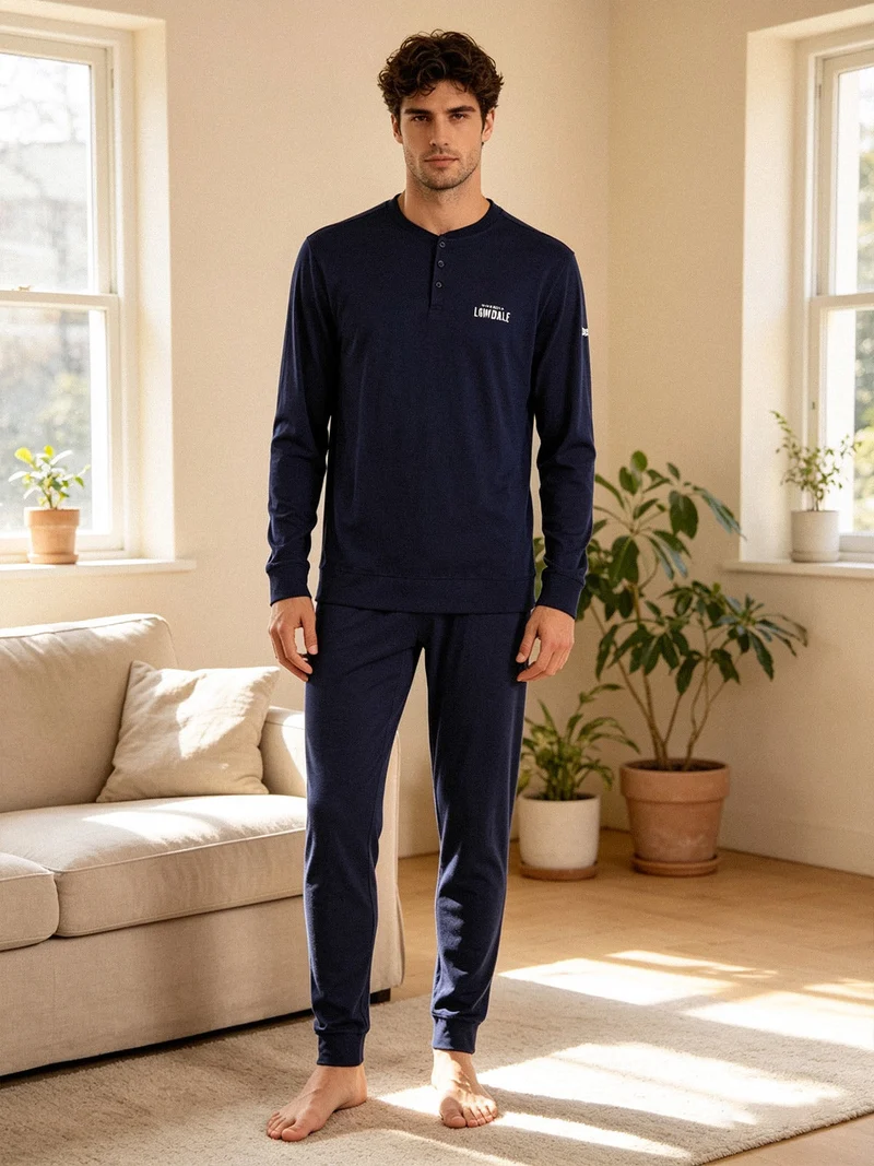 Pigiama lungo da uomo in cotone - blu scuro
