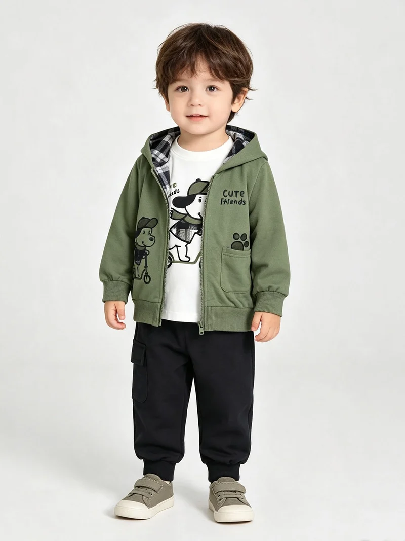 Completo 3 pezzi da neonato con cappuccio e zip - verde