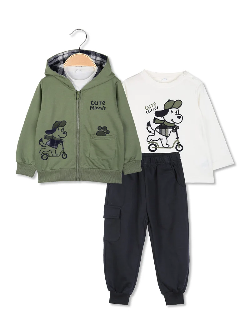 Completo 3 pezzi da neonato con cappuccio e zip - verde