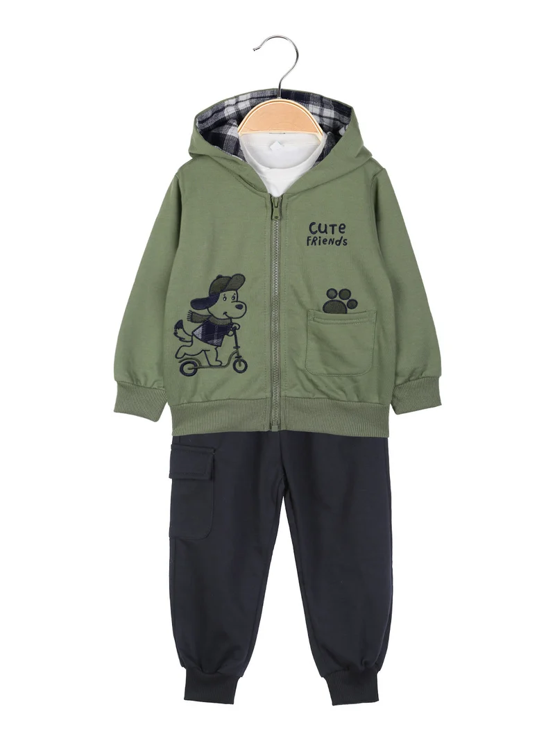 Completo 3 pezzi da neonato con cappuccio e zip - verde